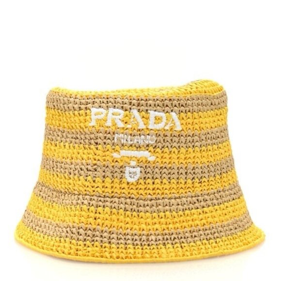 NEW PRADA  Raffia Striped Logo Embroidered Womens Bucket Hat M Naturale Giallo - Picture 1 of 8